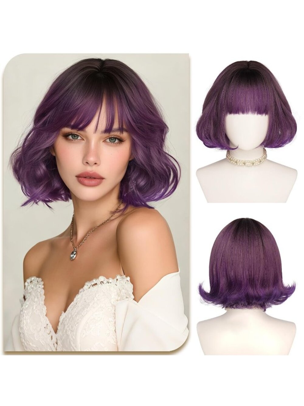 12 Inch Women's Black to Purple Ombre Layered Synthetic Bob Wig Natural Bangs